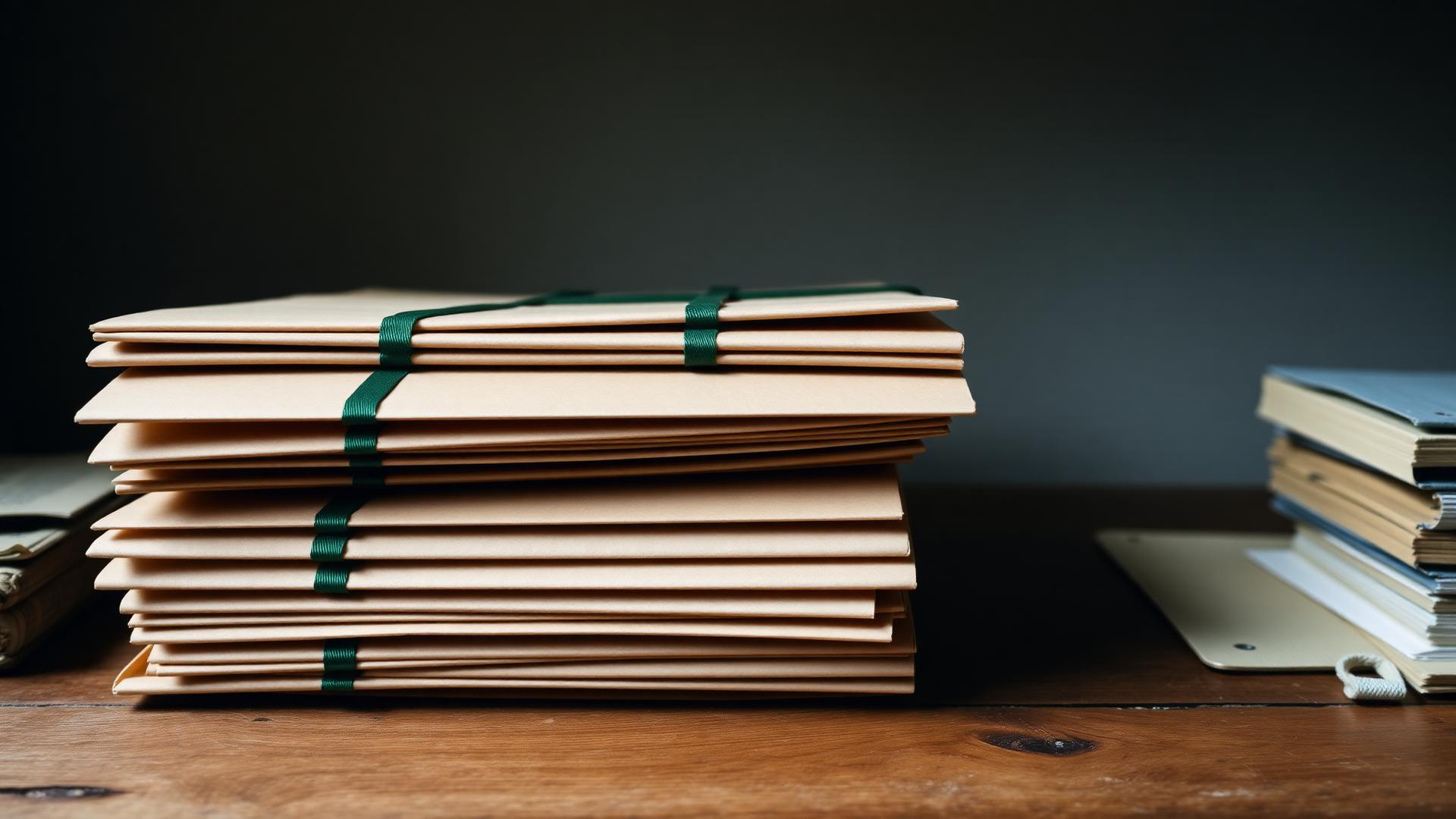 Stacked tan legal folders bound with green ribbon on an oak desk