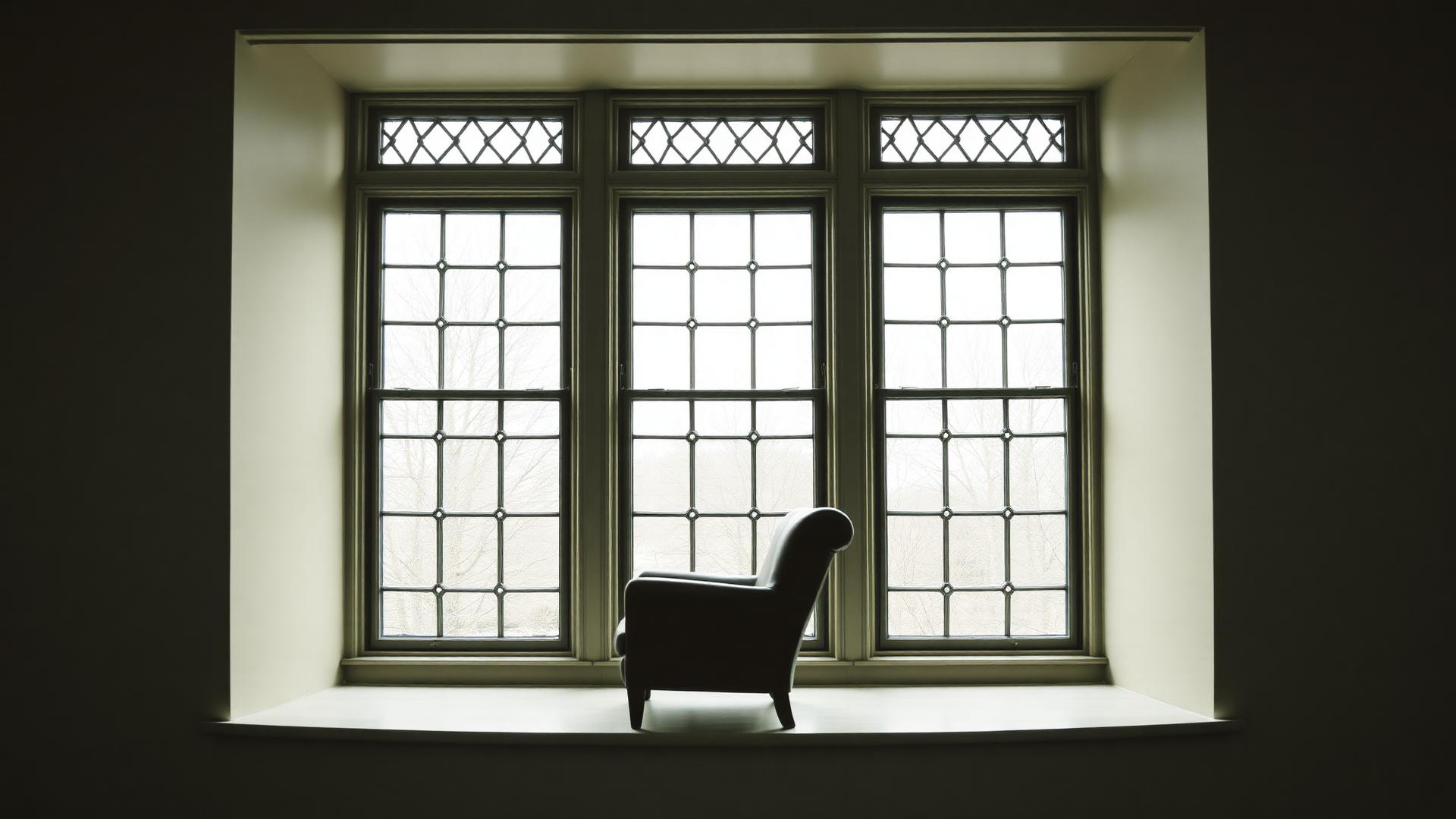 Empty Victorian leaded bay window with a single armchair in profile