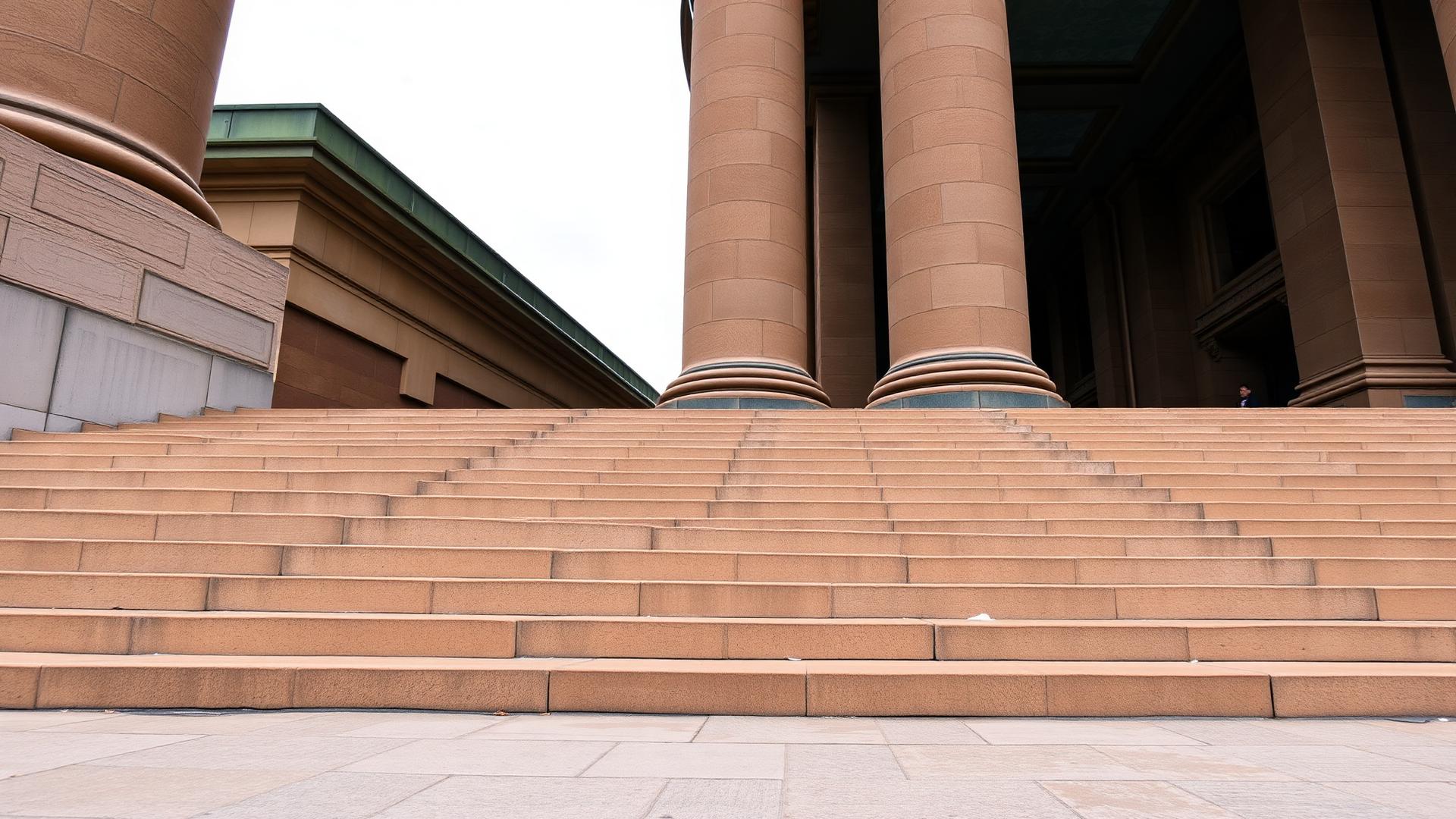 Sandstone steps and columns of a Leeds civic building under overcast light