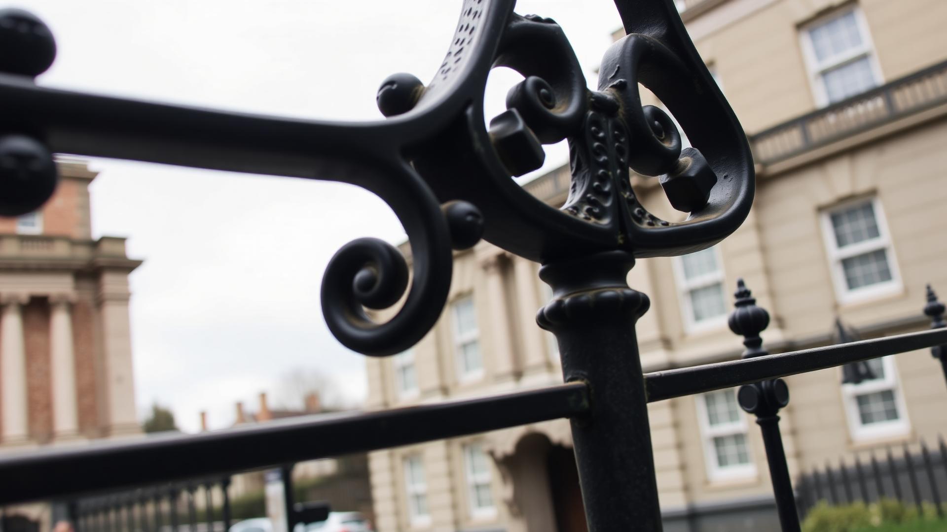 Ornate cast-iron railings of a Leeds Victorian civic building