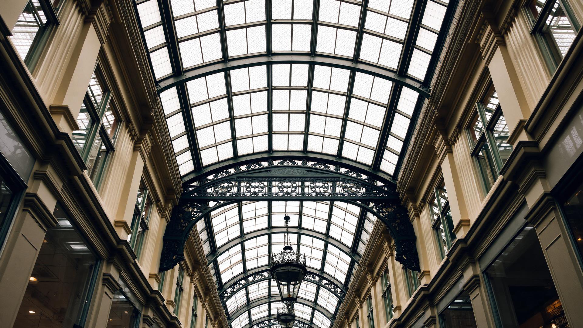Glass and ironwork roof of a Leeds Victorian arcade