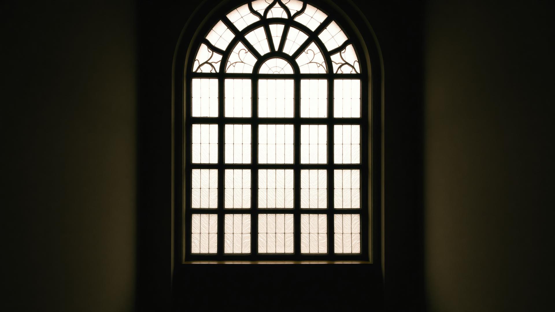Tall arched leaded window in a Leeds civic building, soft daylight